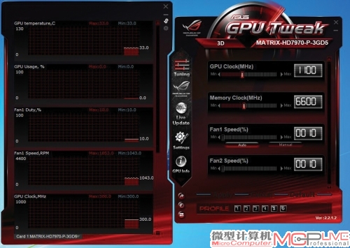 华硕ROG玩家国度定制的超频神器：GPU Tweak。用它可以一目了然地查看风扇转速、可修改显卡显存、核心频率以及调节电压等。